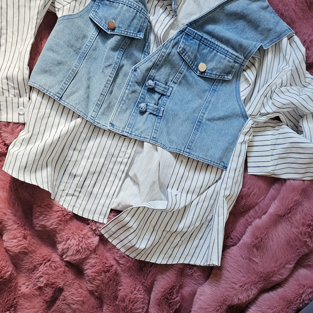 Striped Shirt with Denim Vest Overlay